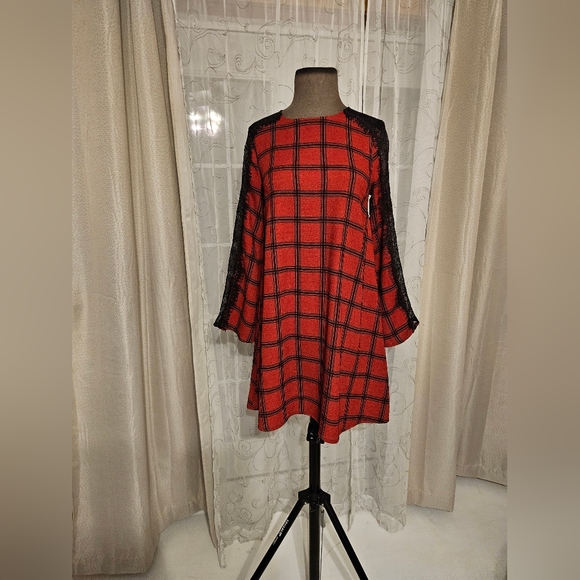 Gianni Bini Red Black Lace Plaid Whimsigoth Business Casual Midi Dress XS - Picture 6 of 16